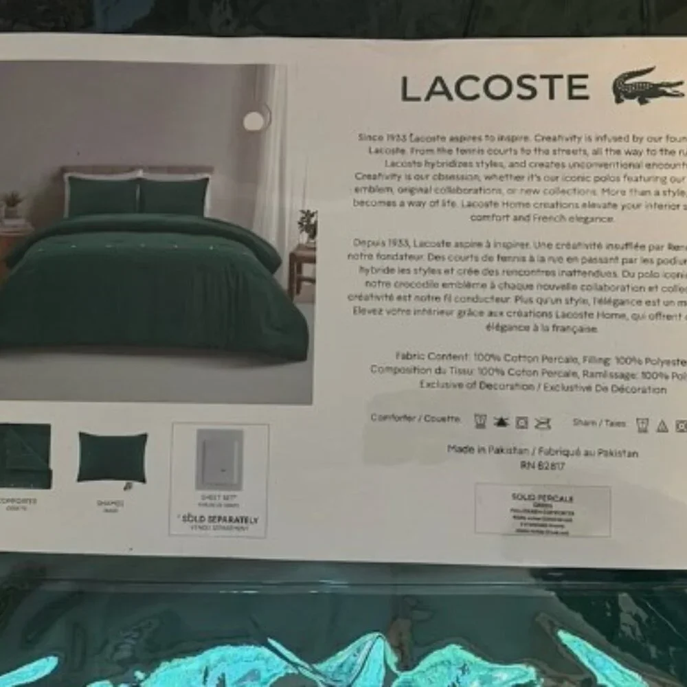 NEW LACOSTE Solid Percale 3-Pc FULL / QUEEN Comforter Set - GREEN